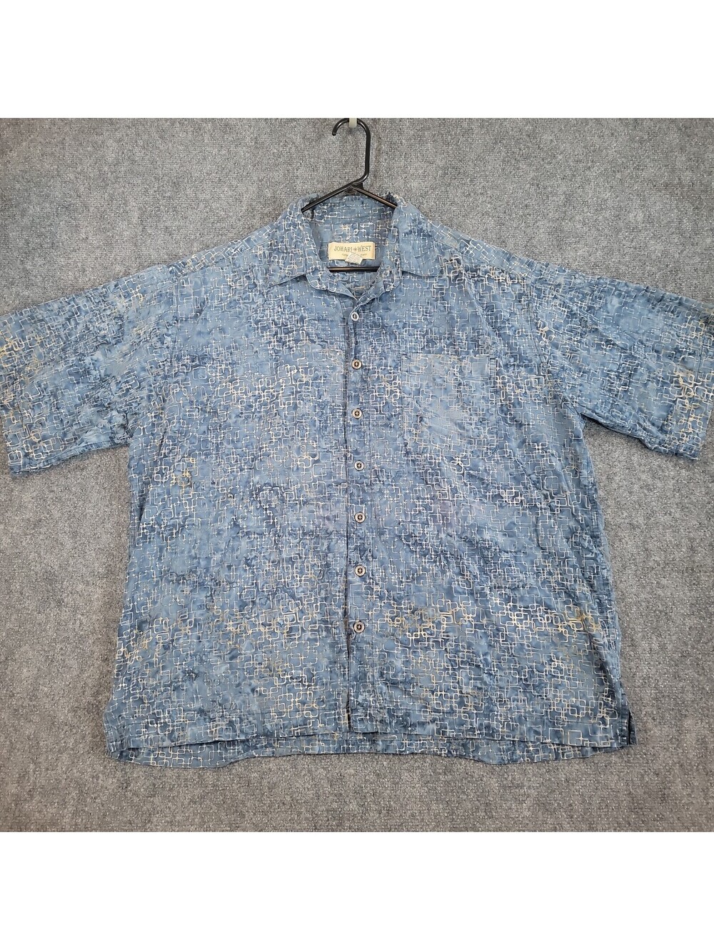 Johari West Hawaiian Shirt Mens 3XL Blue White Geometric Batik Cotton Island 509
